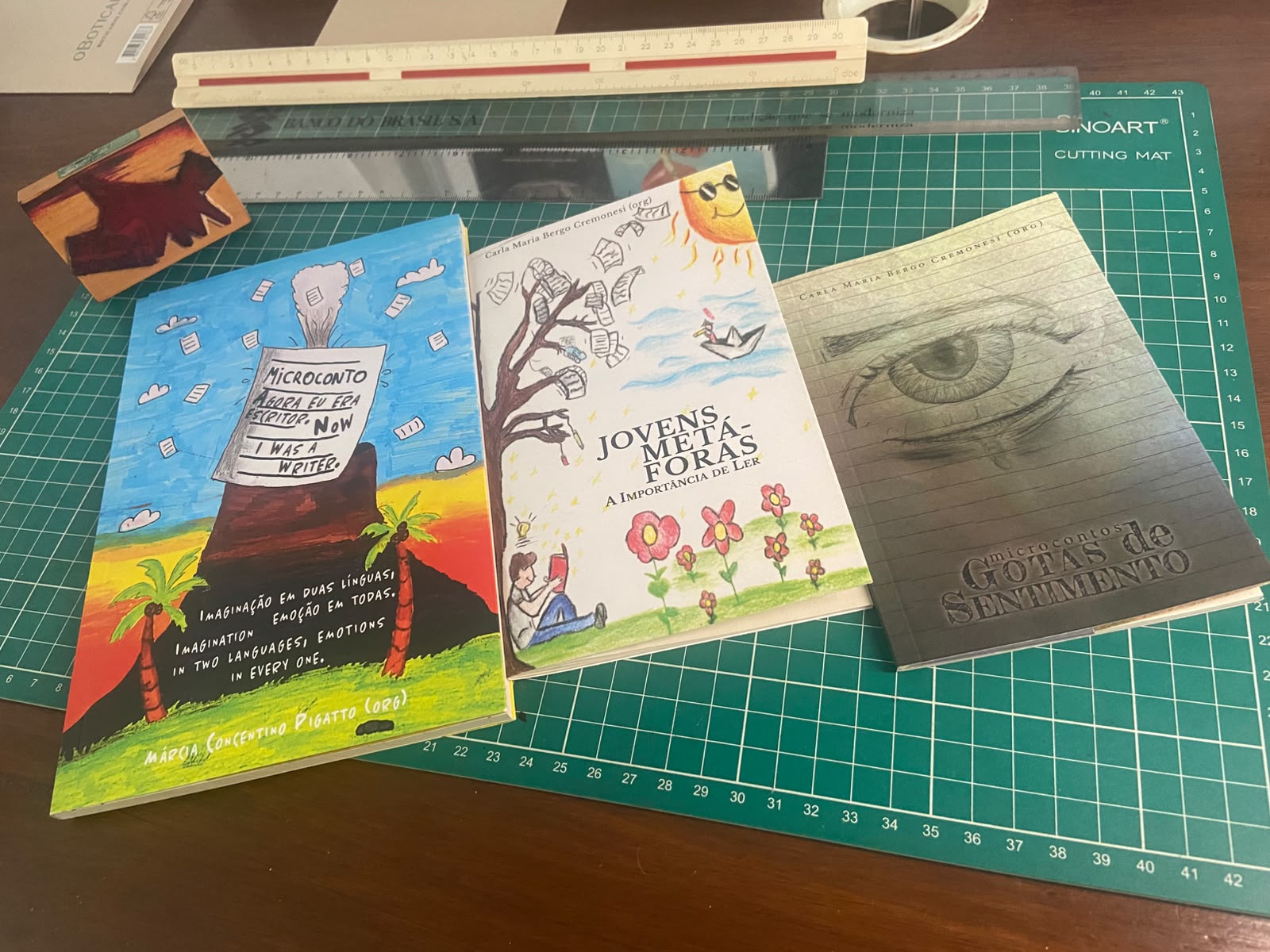 Livretos Microconto, agora eu era escritor. Now I was a writer, Jovens metáforas e Gotas de Sentimento produzidos pela Ladra Livros